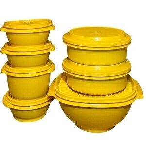 Vtg Yellow Tupperware Bowls Servalier Seal N Serve Set of 7 Plus Lids USA JAPAN
